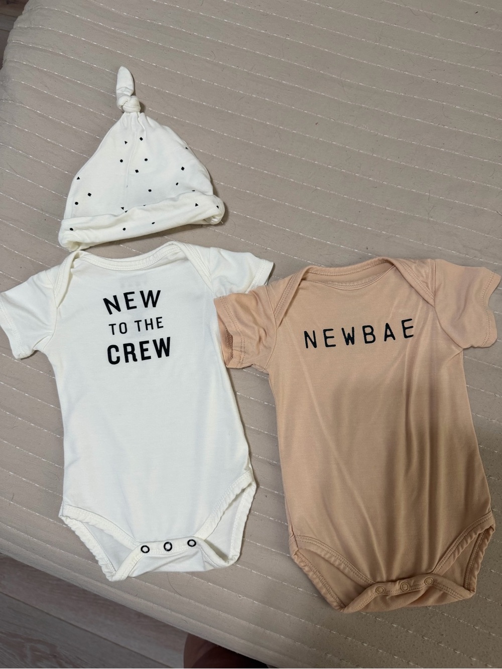 New to the Crew & Newbae Baby One-Piece Set in White and Tan